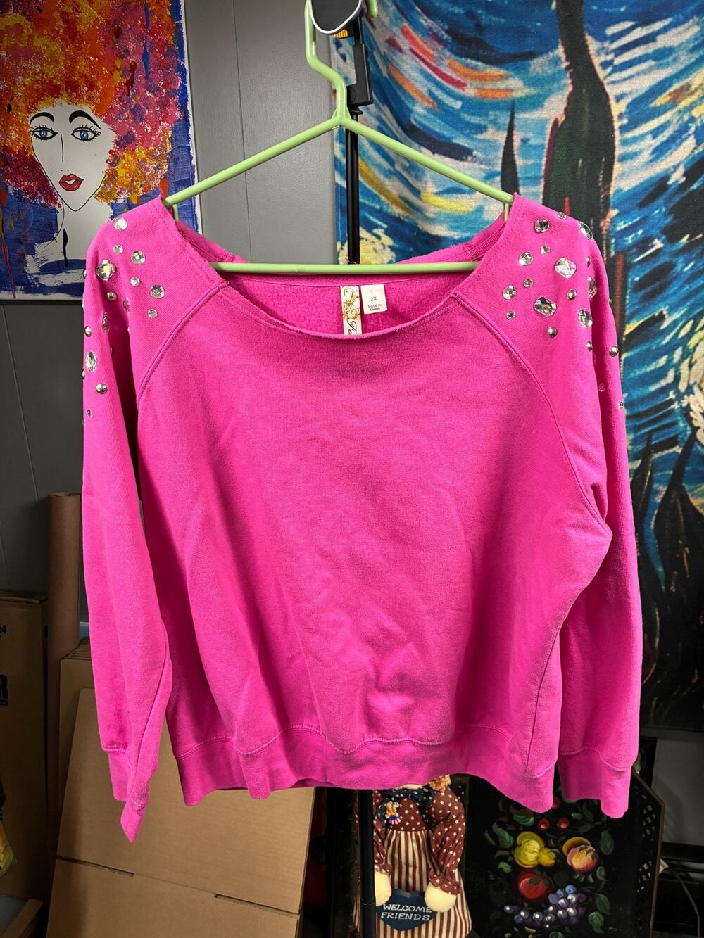 Y2K Pink Rhinestone Sweatshirt | Plus Size 2X | Bedazzled Shoulder Top